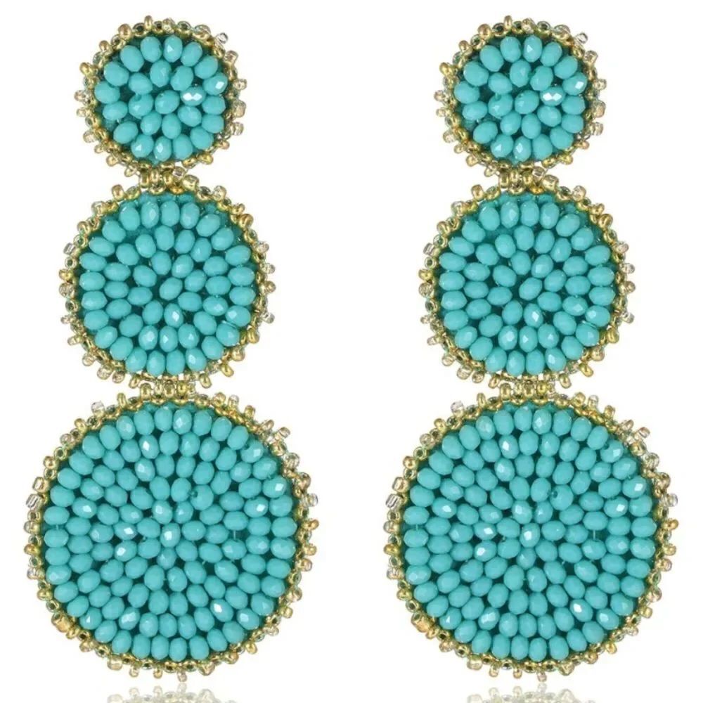 Blue and Gold Beaded Triple Disc Round Boho Drop Statement Post Back Earrings